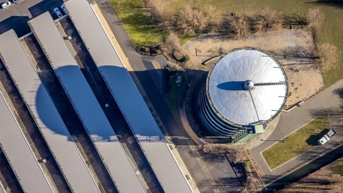 Aerial view, gasometer Herne, industrial area at the Lindenallee, Holsterhausen, Herne, Ruhr area,