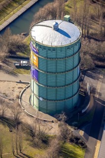 Aerial view, gasometer Herne, industrial area at the Lindenallee, Holsterhausen, Herne, Ruhr area,