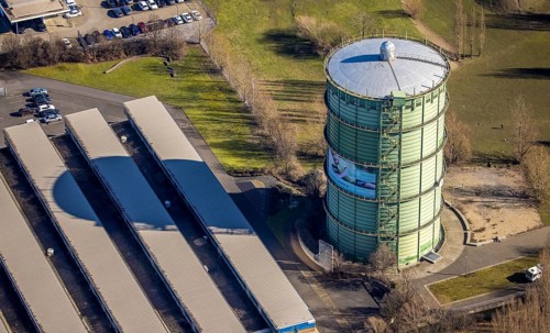 Aerial view, gasometer Herne, industrial area at the Lindenallee, Holsterhausen, Herne, Ruhr area,