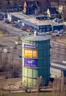 Aerial view, gasometer Herne, industrial area at the Lindenallee, Holsterhausen, Herne, Ruhr area,