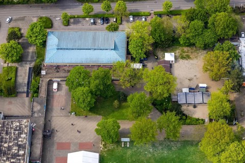 Aerial photo, current vaccination centre in the sports hall in Revierpark Gysenberg, Börnig, Herne,