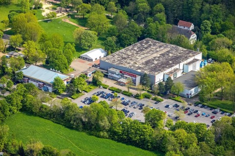 Aerial view, Hannibal Arena Herne im Revierpark Gysenberg, Herne ice rink, Börnig, Herne, Ruhr