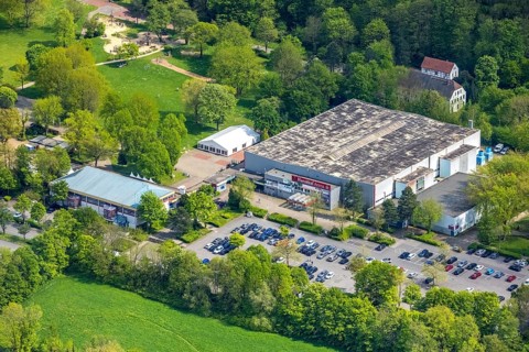Aerial view, Hannibal Arena Herne im Revierpark Gysenberg, Herne ice rink, Börnig, Herne, Ruhr