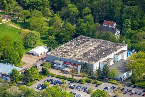 Aerial view, Hannibal Arena Herne im Revierpark Gysenberg, Herne ice rink, Börnig, Herne, Ruhr