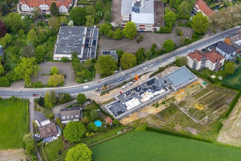 Aerial view, construction site at Castroper Straße at the housing estate Gartenstadt Teutoburgia,