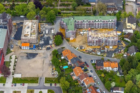 Aerial view, construction site campus of the St. Elisabeth Group, Widumer Höfe retirement homes,