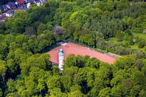 Aerial view, water tower in Volkspark Sodingen with sports field Am Volkspark, Börnig, Herne, Ruhr