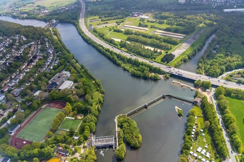 Aerial photograph, Stiftsmühle dam and power station, city boundary between Herdecke and Hagen,