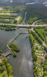 Aerial photograph, Stiftsmühle dam and power station, city boundary between Herdecke and Hagen,