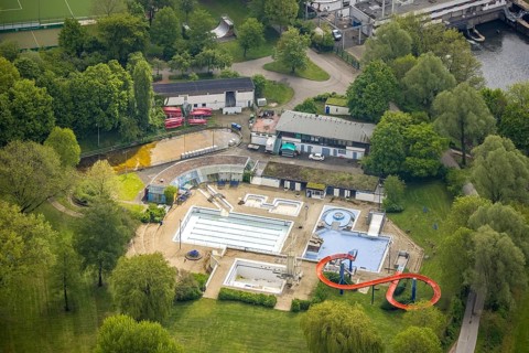 Aerial view, outdoor swimming pool Herdecke, Herdecke, Ruhr area, North Rhine-Westphalia, Germany,