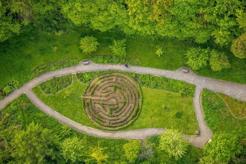 Aerial view, herb garden and labyrinth at the community hospital Herdecke, Westende, Herdecke, Ruhr