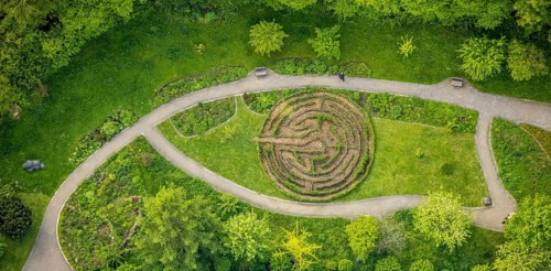 Aerial view, herb garden and labyrinth at the community hospital Herdecke, Westende, Herdecke, Ruhr