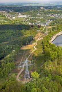 Aerial view, high-voltage power line, power line, Wittbräucke, Herdecke, Ruhr area, North