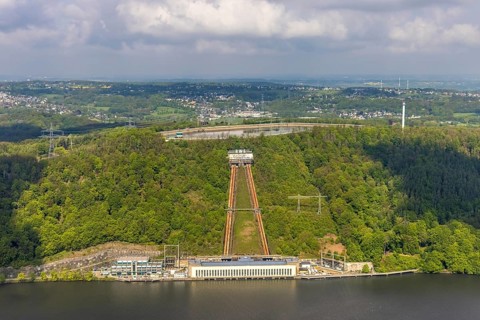 Aerial view, RWE pumped storage power station at Hengsteysee, Köpchenwerk, storage basin, Herdecke,