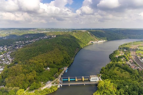 Aerial photo, run-of-river power station Hengstey, Hengsteysee, Boele, Hagen, Ruhr area, North