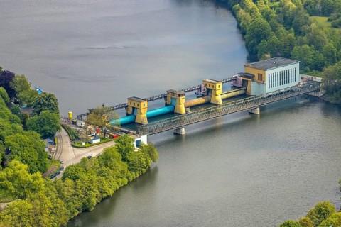 Aerial view, run-of-river power station Hengstey, city border between Herdecke and Hagen, Vorhalle,