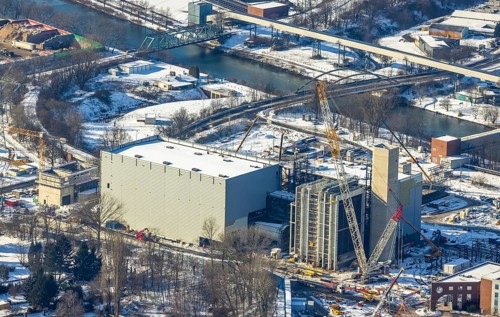 Aerial view, construction site STEAG construction project gas-fired power plant and steam power