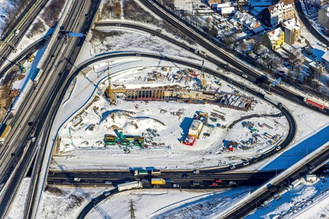 Aerial view, motorway junction Herne, A42 and A43, construction site A43 extension, Baukau, Herne,