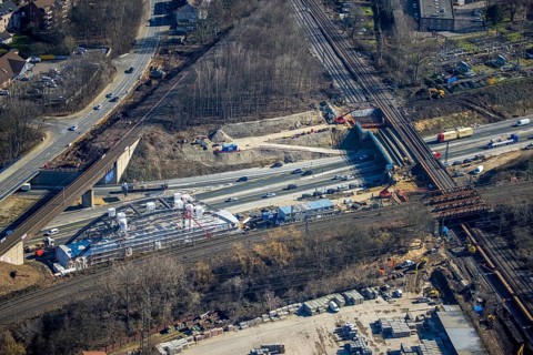 Aerial view, construction site bridge construction at Herne motorway junction, railway bridge, arch