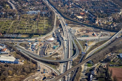 Aerial view, Herne motorway junction with new Baukau tunnel from the A43 to the A42, Baukau-West,
