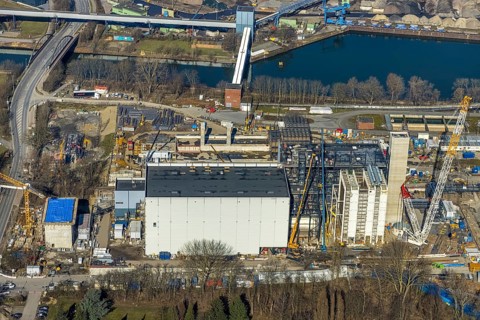 Aerial photo, STEAG combined heat and power plant Herne on the Rhine-Herne Canal, construction site