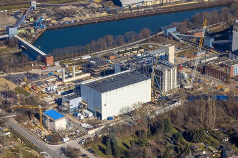Aerial photo, STEAG combined heat and power plant Herne on the Rhine-Herne Canal, construction site