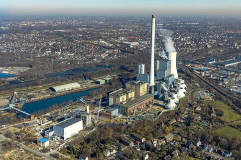 Aerial photo, STEAG combined heat and power plant Herne on the Rhine-Herne Canal, construction site