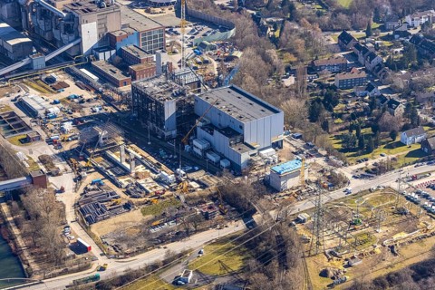 Aerial photo, STEAG combined heat and power plant Herne on the Rhine-Herne Canal, construction site