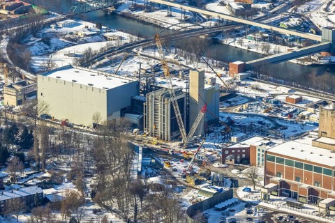 Aerial view, construction site STEAG construction project gas-fired power plant and steam power