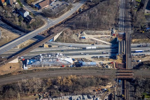 Aerial view, construction site bridge construction at Herne motorway junction, railway bridge, arch