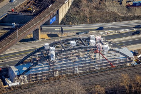 Aerial view, construction site bridge construction at Herne motorway junction, railway bridge, arch