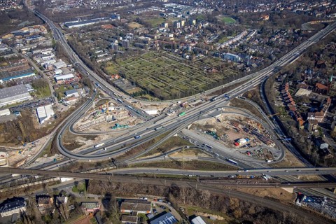 Aerial view, Herne motorway junction with new Baukau tunnel from the A43 to the A42, Baukau-West,