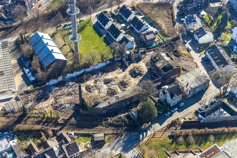 Aerial view, garage yard Mulvanystraße, transmission mast, construction site demolition site,