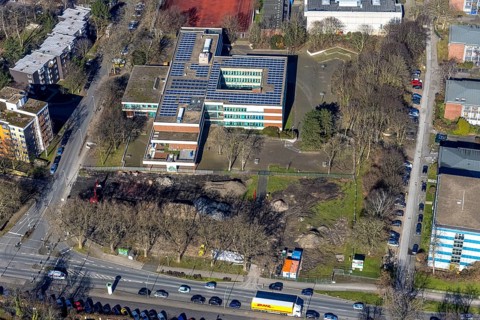 Aerial photo, Pestalozzi-Gymnasium Herne, construction site Cranger Straße, Baukau, Herne, Ruhr