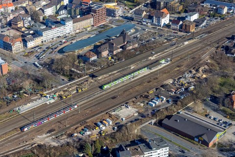Aerial view, Herne main station, futuristic bus station, Baukau, Herne, Ruhr area, North