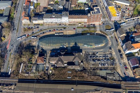 Aerial view, Herne main station, futuristic bus station, Baukau, Herne, Ruhr area, North
