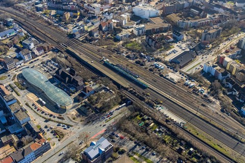 Aerial view, Herne main station, futuristic bus station, Baukau, Herne, Ruhr area, North