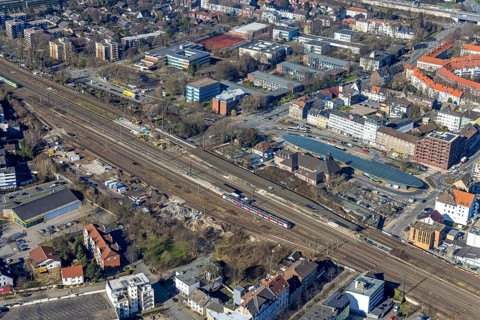Aerial view, Herne main station, futuristic bus station, Baukau, Herne, Ruhr area, North