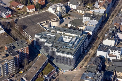 Aerial view, Robert-Brauner-Platz, StadtGalerie, construction site Neue Höfe Bahnhofstraße, Herne,