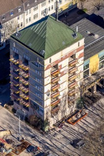 Aerial view, construction site World War II bunker with new flats, Kurt-Edelhagen-Platz, Sodingen,