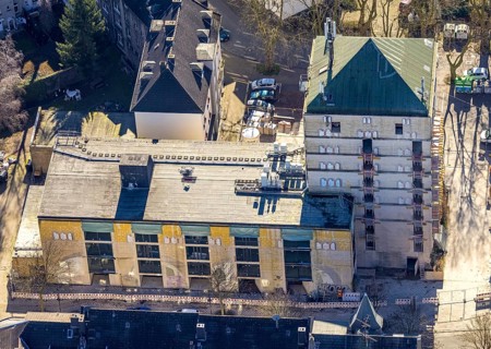 Aerial view, construction site World War II bunker with new flats, Kurt-Edelhagen-Platz, Sodingen,