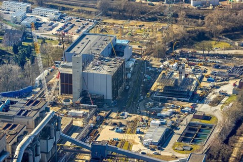 Aerial photo, STEAG combined heat and power plant Herne on the Rhine-Herne Canal, construction site