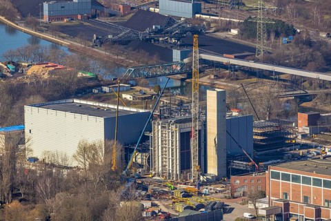 Aerial photo, STEAG combined heat and power plant Herne on the Rhine-Herne Canal, construction site