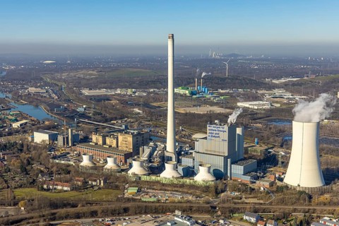 Aerial photo, STEAG combined heat and power plant Herne on the Rhine-Herne Canal, construction site