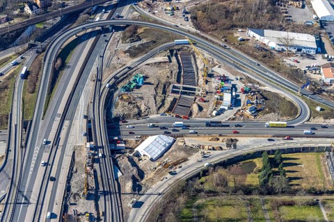 Aerial view, Herne motorway junction with new Baukau tunnel from the A43 to the A42, Baukau-West,