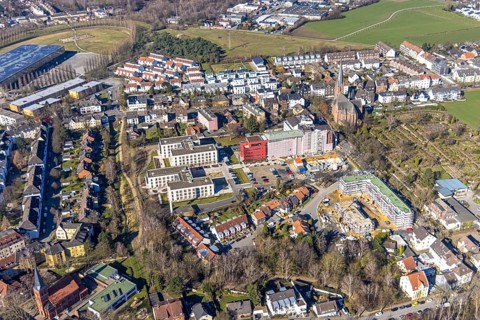 Aerial view, construction site campus of the St. Elisabeth Group, Widumer Höfe retirement homes,
