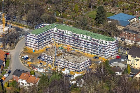 Aerial view, construction site campus of the St. Elisabeth Group, Widumer Höfe retirement homes,