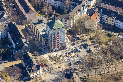 Aerial view, construction site World War II bunker with new flats, Kurt-Edelhagen-Platz, Sodingen,
