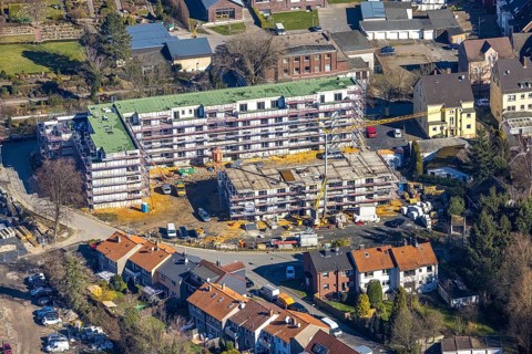 Aerial view, construction site campus of the St. Elisabeth Group, Widumer Höfe retirement homes,