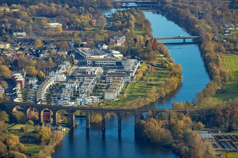 Aerial view, Ruhr viaduct and Ruhr-Aue district with Ruhr promenade on the Ruhr river in Herdecke,